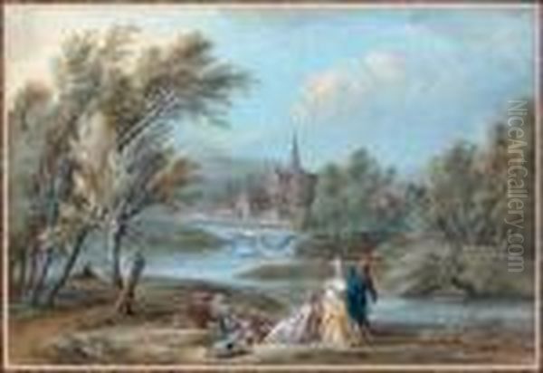 Scene Galante Pres D'une Riviere Et D'un Village - view 1