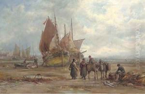 The Castletown fishing fleet beached at low tide, with figures unloading the day's catch by William Edward Webb