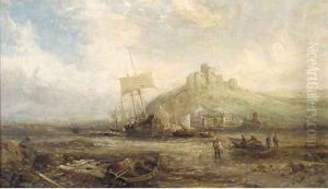 Beached fishing vessels below a ruined castle by William Edward Webb