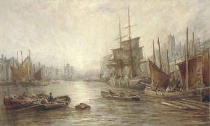 Fishing boats in the harbour at Dordrecht, sunset by William Edward Webb