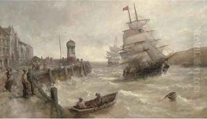 Sailing traders coming into port on the high tide