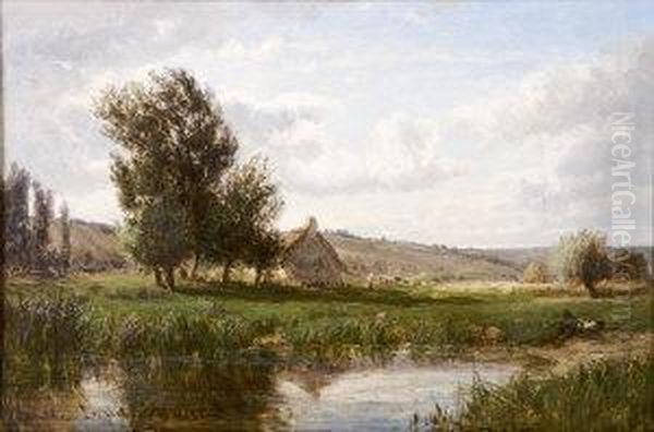 A Farm Cottage By A Pond With Figure And Animals - view 1