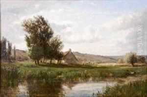 A Farm Cottage By A Pond With Figure And Animals