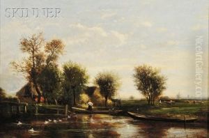 Figures And Punts At A Quiet Landing by Emile Charles Lambinet