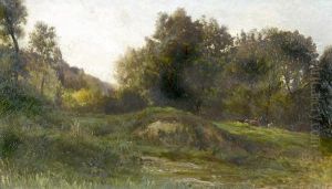 Hugelige Landschaftspartie Mit Kuhherde Bei Einem Bach.