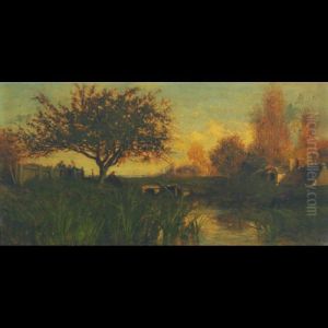 A Shaded Pool With Fisherman And Figures Conversing By Afence