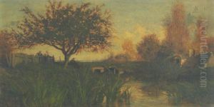 A Shaded Pool With Fisherman And Figures Conversing By A Fence