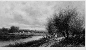 Emile- Villageois Au Bord D'une Riviere by Emile Charles Lambinet