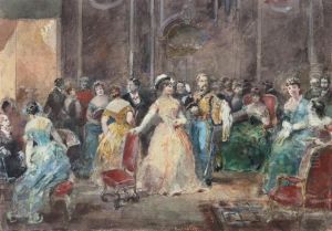 Elegant Figures At A Reception In A Ballroom