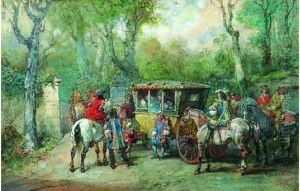 Un Carrosse A L'arret Entoure De Mousquetaires