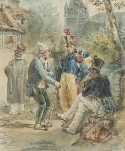 Three Soliders And An Old Man by Eugene Louis Lami