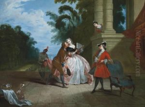 Elegant Company In A Courtyard, A Landscape Beyond by Nicolas Lancret