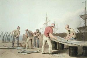 Whalebone Scrapers, from Costume of Yorkshire, engraved by Robert Havell (1769-1832) 1814 by George Walker