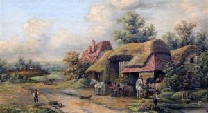 Figures Beside Thatched Barns