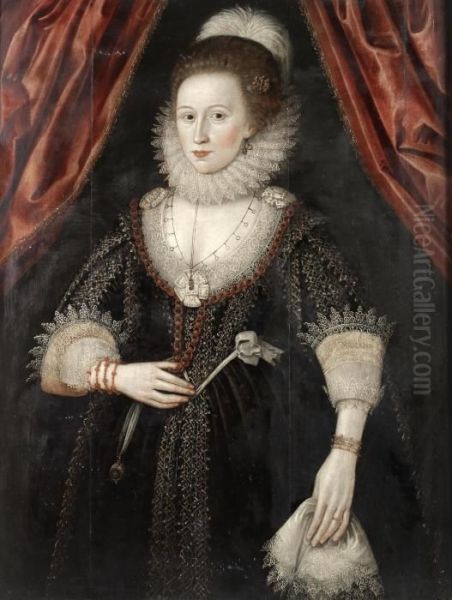 Portrait Of A Lady,
Three-quarter-length, In A Black Embroidered Dress, White Lace Collar
And Cuffs And Coral Jewellery, Standing Before A Red Curtain - view 1