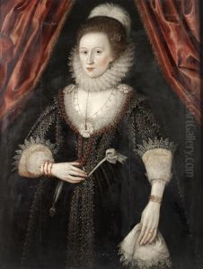 Portrait Of A Lady,
Three-quarter-length, In A Black Embroidered Dress, White Lace Collar
And Cuffs And Coral Jewellery, Standing Before A Red Curtain by William Larkin