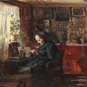 Interior With A Knitting Woman At The Window by Knud Larsen