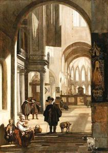 The Interior of a Gothic Church, looking down the Aisle to the Choir, with a Family begging for Alms by Emanuel de Witte