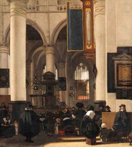 The interior of a church with a congregation listening to a sermon
