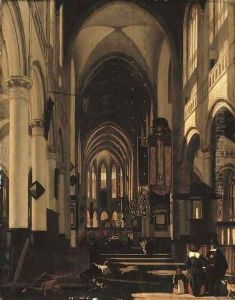 The interior of a church with two gentlemen conversing in the foreground by Emanuel de Witte