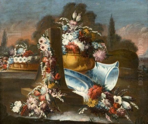 Jete De Fleurs Et Pieces De Ceramique A Decor Bleu Et Blanc - view 1