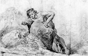A boy leaning on a rock reaching out with his right arm
