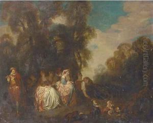 A fete champetre with elegant company listening to music by Jean-Antoine Watteau