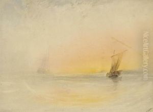 Shipping In A Calm At Sunset by John Le Capelain