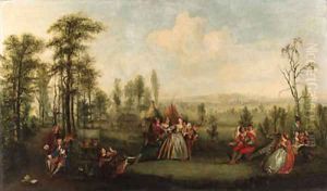 Blind Man's Buff, with the artist at work in the foreground by Jean-Antoine Watteau