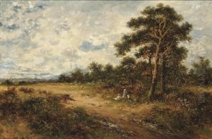 A Mother And Child With Their Dog Picnicking On The Edge Of A Heath