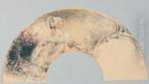 Eventail : Femme En Capeline Au Singe Et Vieillard A Lunettes. Eventail : Femme En Capeline Au Singe Et Vieillard A Lunettes.