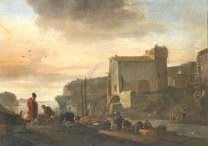 An Italianate port with stevedores unloading a ship in the foreground by Thomas Wyck