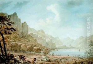 View of Derwent Water with a traveller resting in the foreground