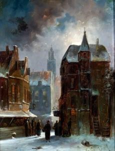 Winters Stadsgezicht Bij Maanlicht by Charles Henri Leickert