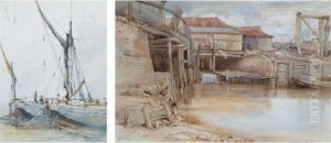 Fishing Boats In The Harbour At Southend; And A Wharf by William Leighton Leitch
