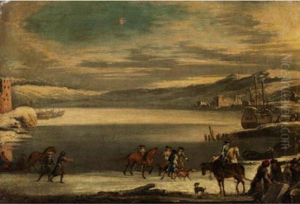 Winterliche Uferlandschaft Mit Ziehenden Reitern - view 1