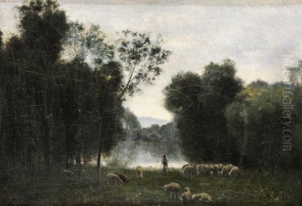 Berger Et Son Troupeau Dans Une Clairiere - view 1