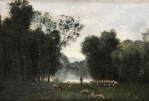 Berger Et Son Troupeau Dans Une Clairiere by Stanislas Lepine
