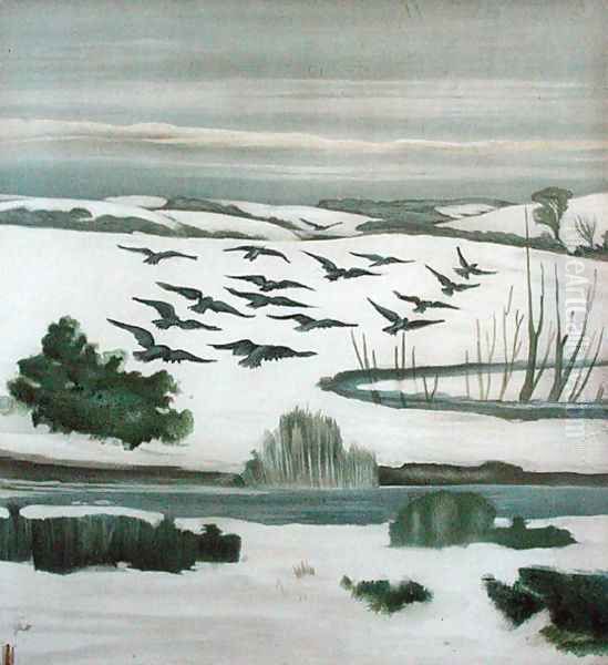 Rooks flying over a winter landscape - view 1