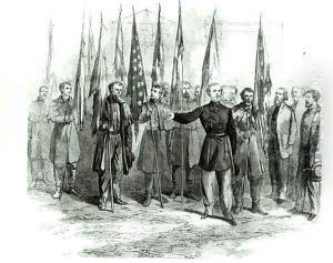 General Custer presenting captured Confederate flags in Washington on October 23rd 1864 by Alfred R. Waud