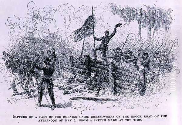 Capture of a part of the burning union breastworks on the Brock Road on the afternoon of May 6th, illustration from 'Battles and Leaders of the Civil War', edited by Robert Underwood Johnson and Clarence Clough Buel - view 1
