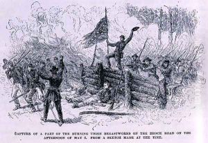 Capture of a part of the burning union breastworks on the Brock Road on the afternoon of May 6th, illustration from 'Battles and Leaders of the Civil War', edited by Robert Underwood Johnson and Clarence Clough Buel Capture of a part of the burning union breastworks on the Brock Road on the afternoon of May 6th, illustration from 'Battles and Leaders of the Civil War', edited by Robert Underwood Johnson and Clarence Clough Buel