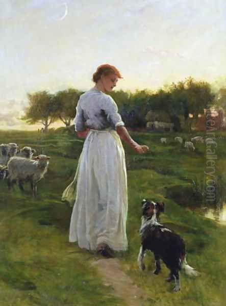 A Shepherdess with her Dog and Flock in a Moonlit Meadow - view 1