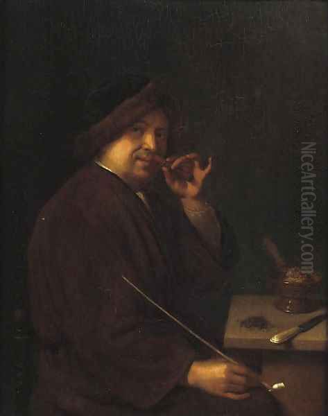 A young man seated at a table holding a cigar in one hand and a pipe in the other; an Allegory of Smell - view 1
