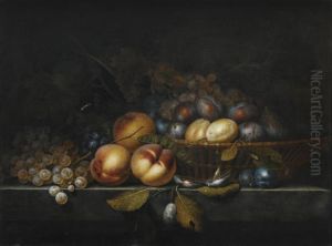 Nature Morte Au Peches, Prunes Et Grappes De Raisin Dans Un Panier Sur Un Entablement by Paul Liegeois