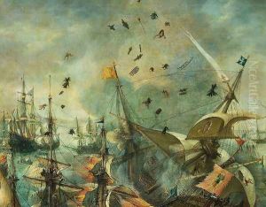 Explosion of the Spanish Flagship in the Battle of Gibraltar, 1607 [detail #1] by Cornelis Claesz van Wieringen