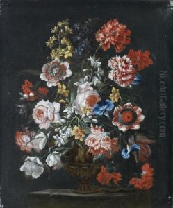 Roses, Carnations, Convolvulus And Other Flowers In A Bronze Urn On A Stone Ledge