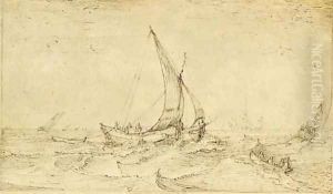 Fishing boats in a rough sea by Cornelis Claesz van Wieringen