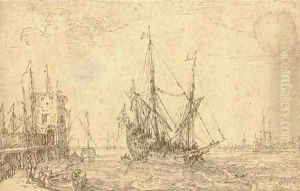 A seaport with a man o'war, figures along a pier by Cornelis Claesz van Wieringen