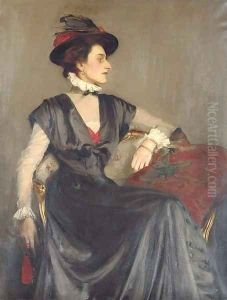 Portrait of Monica Boyd, three-quarter-length, seated in a black dress and red-feathered hat by George Spencer Watson